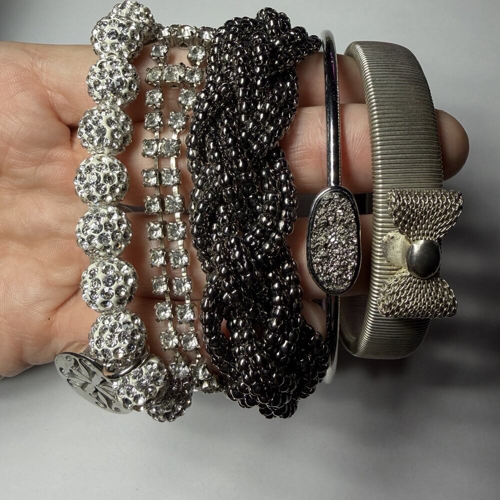 Silver Tone Rhinestone Bangle Bracelet Lot 5 Pc Stack Druzy Mesh Disco Y2K Glam